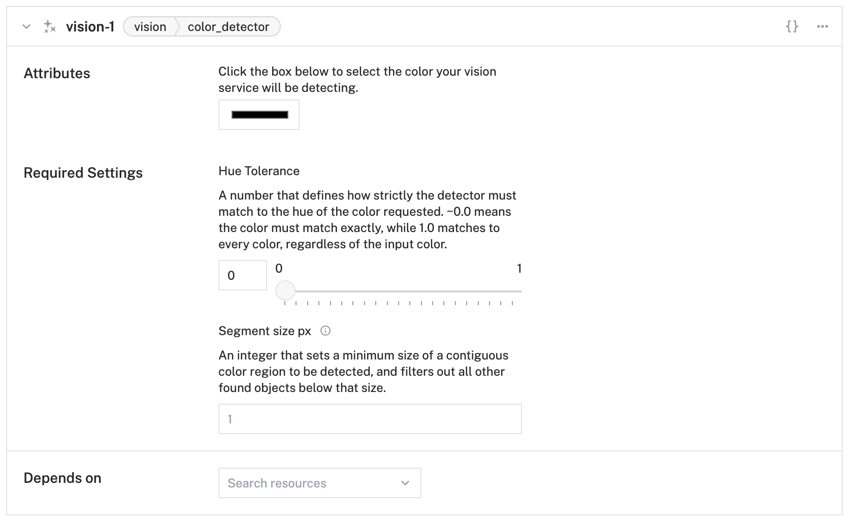 Color detector panel showing color picker, hue tolerance, and segment size fields